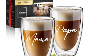 ElbFuchs® Doppelwandige Latte Macchiato Gläser | MAMA + PAPA | 2x 350ml [GESCHENK FÜR ELTERN] Thermogläser für Cappuccino | Kaffegläser | Teegläser