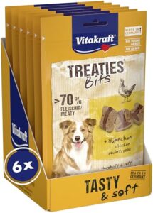 Vitakraft Treaties Bits, Hundeleckerli, weicher Hundesnack gefüllt mit Hühnchen, Hunde Trainingsleckerli, getreidefrei und ohne Zusatz von Zucker (6x 120g)