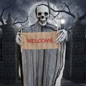 VOPIWOZ 150cm Aufhängbar Halloween Skelett Deko Mit dem Welcome in der Hand Spooky Scary Skeletons Geeignet für Halloween Deko Outdoor Easy to Create a Scary Atmosphere