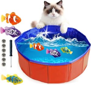 Katzen Pool Spielzeug mit Fischspielzeugen, faltbares Katzenspielzeug Wasser, interaktives Wasserspiel für Drinnen zur Langeweilebekämpfung, für Wohnung & Reise (Katzenpool + elektronische Fische)