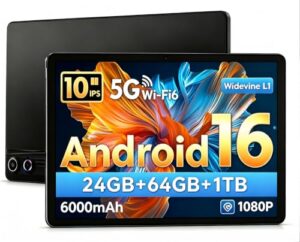 NIDUBIO Android 16 Tablet, 10 Zoll Tablets, 24GB RAM+64GB ROM+1TB erweiterbar, WiFi 6, Bluetooth 5.4, Dual‑Kameras, Face ID, 6000 mAh, Schnellladung, Widevine L1 Zertifizierung (Schwarz)