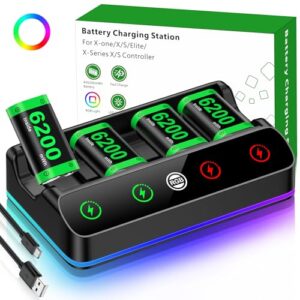 4X 6200 mWh Akku für Xbox One/Series S/X Controller, Ladestation mit coolem RGB-Licht, wiederaufladbares Akkupack kompatibel mit Xbox Series X|S/S/X/Elite Wireless Controller, Schwarz