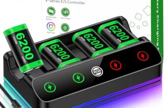 4X 6200 mWh Akku für Xbox One/Series S/X Controller, Ladestation mit coolem RGB-Licht, wiederaufladbares Akkupack kompatibel mit Xbox Series X|S/S/X/Elite Wireless Controller, Schwarz