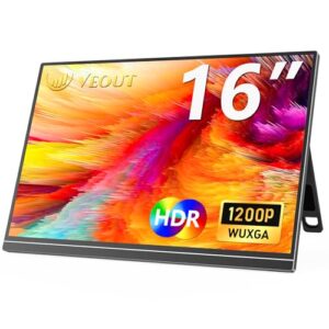 Veout 16 Zoll Portable Monitor, 1200P 2K IPS Tragebar Gaming Bildschirm für Laptop/PC/Mac/PS5/Xbox mit USB-C & HDMI, Ultradünn Display mit Halterung,16:10, 300cd/m² Helligkeit – Schwarz