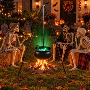 MaxEarn Halloween 32cm Hexenkessel Set XXL mit Dreibeinstativ, Skelett & LED Augäpfeln – 114cm Dreibeinstativ, 40cm Hohes Skelett, 10 grünen Leuchtaugen und Dekowatte für Garten, Veranda & Party