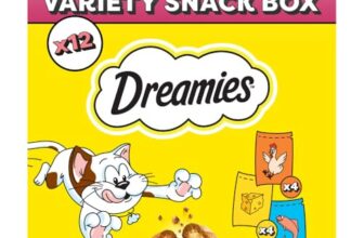 DREAMIES Katzensnacks – 12x60g – mit Huhn, Käse und Lachs – Traumhaft knusprige Katzen Leckerlies mit zarter Füllung – Variety Snack Box