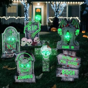 6 Stück Halloween Deko, Grabsteine Außen mit LED für Garten