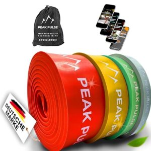 PEAK PULSE Klimmzugbänder Widerstandsbänder [Reißfest & Langlebig] Resistance Bands Pull Up Bands für Klimmzughilfe Calisthenics (4er Set (Light, Medium, Strong & Strong+) inklusive E-Books & Tasche)