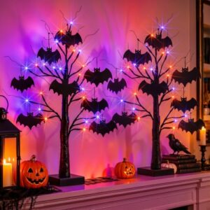 OLANRUN 2er Pack Halloween Deko, 24 Zoll Tischdeko Lichterbaum Innen, USB und Batteriebetriebener, Beleuchteter Weidenzweig, Halloween Tischdeko für Outdoor Innen Partydekoration