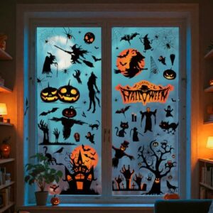 Etopgo Halloween Fensterbilder, 8 Blatt 111 STK Halloween Deko Fenster Kürbisse, Spinnennetze, Fledermäuse Fensteraufkleber, Doppelseitiger Druck Wiederverwendbare PVC Aufkleber für Party Deko
