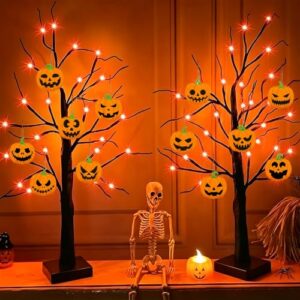 2 Stück Halloween Baum mit Kürbis Anhängern LED Lichterbaum Innen