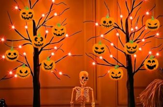 2 Stück Halloween Baum mit Kürbis Anhängern LED Lichterbaum Innen