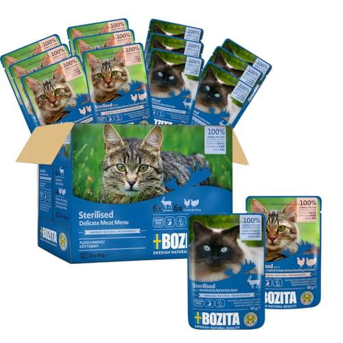 Bozita Sterilised Nassfutter Multibox – Häppchen in Sauce mit Fleisch – 12x85g Portionsbeutel getreidefreies & weizenfreies Mixpack – Futter für Katzen mit 8,5% Protein & 3,5% Fett