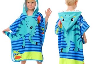 LOLANTA Kinder Badeponcho Dinosaurier mit Kapuze, Schnell Trocknendes Kapuzenhandtuch aus Weicher Mikrofaser für Strand & Pool für Mädchen (Blauer Dinosaurier, 2-4 Jahre, S)