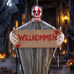 150 cm Hängende Halloween Skelett, Halloween Deko Outdoor XXL mit Willkommen und Welcome Schild, Scary Skelett zum Aufhängen für Spukhäuser Indoor Helloween Garten Baum Eingang Party