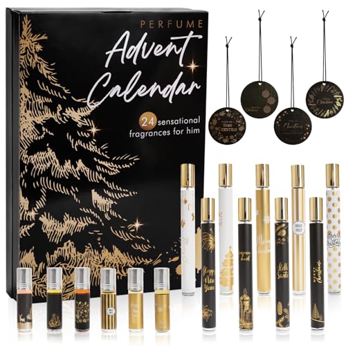 Parfüm Adventskalender 2026 Männer, 24 teiliges Duftset – Enthalten 35 ml Parfüm, Ätherische Öle und Auto Duft Diffuser, Weihnachtskalender Geschenk für Herren