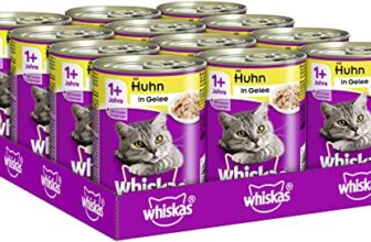 Whiskas Katzenfutter Nassfutter Adult 1+ mit Huhn in Gelee, 12 Dosen (12 x 400g)