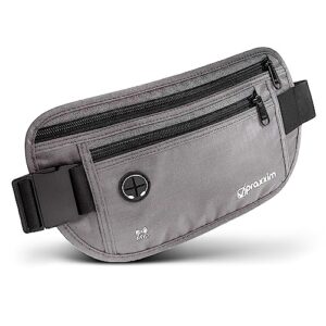 praxxim Die Bauchtasche zum Reisen – DIEBSTAHLSICHER mit RFID Schutz – Extra Flache Bauchtasche unter Kleidung tragbar – Hüfttasche – Reisebauchtasche – Geldgürtel für Damen und Herren – grau
