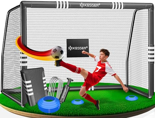 KESSER® Fußballtor – Hochwertiges Fußballtor 180cm, Training Schusstraining UV-beständigem Netz, Stahlrahmen mit Polsterung, Erdhaken, Luftpumpe, Hüttchen, Montagezubehör für Kinder und Erwachsene