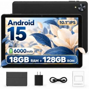 Keoaxll Tablet 10,1 Zoll Android 15 OS GMS-Zertifiziert, 18 GB (6+12) RAM, 128 GB ROM, 1 TB erweiterbar, Android-Tablet 1280 * 800 HD, 5G WiFi, BT5, 5 MP + 2 MP Dual-Kamera, 6000 mAh Akku, Schwarz