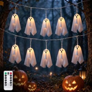 Aluusy Halloween Deko Outdoor, 2.75M LED Halloween Hängende Geisters mit Lichterketten Batteriebetriebe, Timer, Ghost Hallowen Dekoration 8 Modi, Geist Leuchtend für Innen Außen, Balkon, Party