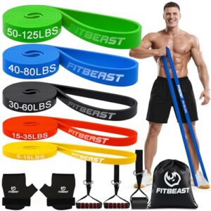 FitBeast Widerstandsbänder Set, Trainingsbänder/Fitnessbänder mit Griffen & Türanker für Krafttraining, Klimmzughilfe & Heimtraining (Gelb, Rot, Schwarz, Blau, Grün)