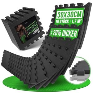 AthleticPro Bodenschutzmatte Sets mit [30x30cm] oder [60x60cm] extra dicke Bodenmatten [20% mehr Schutz] – Rutschfeste Schutzmatten für Fitnessraum (30×30 | 18 Stk. | 1,7 M²)