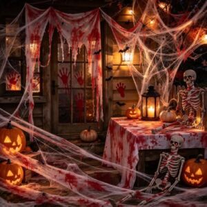 Halloween Deko Gruselig Komplettset – Blut Deko mit Mullstoff, Tischdecke, Verband, Spinnennetz, Spinnen, Handabdrücke, 3D Fledermäuse, Messer für Horror Party Indoor Outdoor