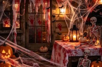 Halloween Deko Gruselig Komplettset – Blut Deko mit Mullstoff, Tischdecke, Verband, Spinnennetz, Spinnen, Handabdrücke, 3D Fledermäuse, Messer für Horror Party Indoor Outdoor