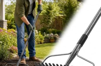 Garten Rechen, Metallharke mit 17 Zinken, Hochleistungs-Gartenharke 4 FT mit Edelstahlgriff, grau