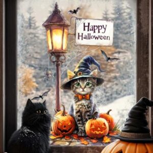 Herbst Halloween Thanksgiving Fensterbilder Fensterfolien Statische Fensteraufkleber Katze Kürbis Herbstblatt Wandaufkleber für Fenster Herbst Dekor (B)