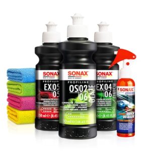 Politur Set: Sonax ExCut 05-05 + Ex 04-06 + OS 02-06 (je 250ml) + Sonax Ceramic Spray Versiegelung – Zur starken Defektkorrektur und maximalen Hochglanz – Auto polieren | 8-teilig