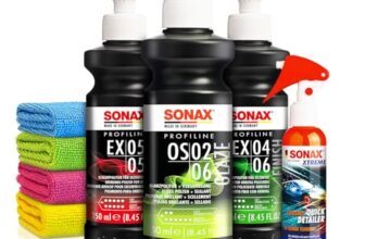 Politur Set: Sonax ExCut 05-05 + Ex 04-06 + OS 02-06 (je 250ml) + Sonax Ceramic Spray Versiegelung – Zur starken Defektkorrektur und maximalen Hochglanz – Auto polieren | 8-teilig