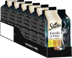 SHEBA Portionsbeutel Katzennassfutter Multipack Fresh & Fine in Sauce mit Huhn und Truthahn, 6x6x50g – Leckeres Katzenfutter in Sauce für verwöhnte Katzen