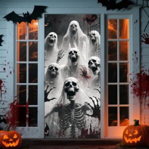 REDWORD Halloween Türdeko Türbanner 90 x 200 cm, Gruselige Skelett & Zombie Motive, Wiederverwendbares Polyester Banner für Haustür, Party & Spukhaus, Innen & Außen