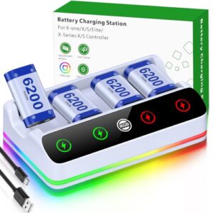 4X 6200 mWh Akku für Xbox One/Series S/X Controller, Ladestation mit coolem RGB-Licht, wiederaufladbares Akkupack kompatibel mit Xbox Series X|S/S/X/Elite Wireless Controller, Weiß