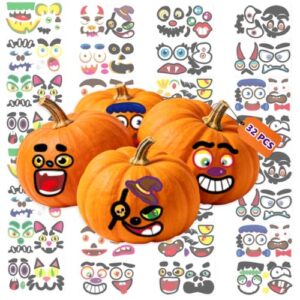 MBSIVSA 32 Stück Halloween Kürbis Aufkleber, Kürbis Sticker Deko, Bögen mit lustigen Gesichtsausdrücken, Selbstklebend DIY Bastelset für Halloween Party Deko