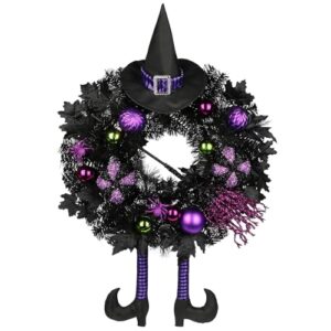 Briful Halloween Türkranz 66 cm – Künstlicher Gruselkranz Tinsel Hexenkranz mit Hut & Beinen Spinne, Kürbis – Violett Herbst Türdeko für Halloween Party, Haustür, Fenster & Wand