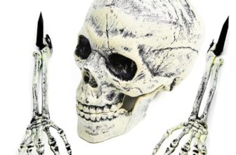 WHangXJangYE Halloween Deko Skelett, Garten Gruselig Totenkopf Set Schädel mit Skelett Hand Realistische Horror Skelett Gruseliger Skeleton für Outdoor Halloween Deko