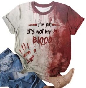 VVNTY Damen Halloween Horror T-Shirt I’m OK It’s NOT My Blood Blut-Splatter Kurzarmshirt Gruseliges Party-Outfit (Blood-White,XL)