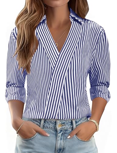 Rapbin Bluse Damen 3/4 Arm Shirt V Ausschnitt Bluse Elegant Oberteil Blau M