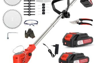 OUTIGO Akku Rasentrimmer mit Akku, Rasenkantenschneider mit 2 Akkus 21V und 4 Messertypen+1 Gartenschere, Verstellbarer Teleskop-Führungsholm Desbrozadoraeléctrico inalámbrico (Rot-FBA)