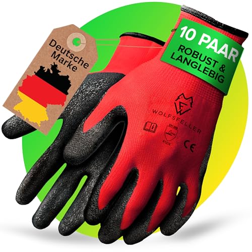 WOLFSFELLER 10 Paar robuste & komfortable Handschuhe Arbeitshandschuhe Herren Gr 10 – Arbeitshandschuhe Damen – Gartenhandschuhe Herren – Mechaniker Handschuhe mit Latex Beschichtung.