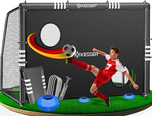 KESSER® Fußballtor – Hochwertiges Fußballtor 240cm mit Torwand, Schusstraining UV-beständigem Netz, Stahlrahmen mit Polsterung, Erdhaken, Luftpumpe, Hüttchen, Montagezubehör für Kinder und Erwachsene