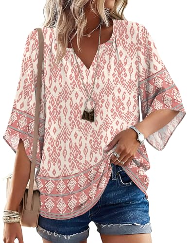 iWoo Damen Sommer Bluse 3/4 Ärmel V-Ausschnitt Casual Tunika