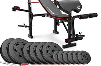 Hop-Sport Hantelbank mit Gewichten HS-1055, klappbare Trainingsbank mit Curlpult, Butterfly und Beincurler Inkl. 38 kg – 129,5 kg Hanteln Set