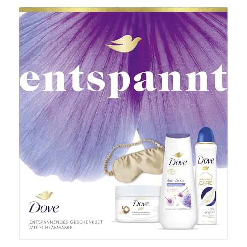 Dove Geschenkset „Entspannt“ mit Duschcreme, Anti Transpirant, Dusch-Creme-Peeling und mit Schlafmaske 225 ml + 225 ml + 150 ml
