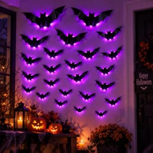 Halloween Fledermäuse Deko, 24 Stück LED Fledermaus Dekoration, Lila Lichter, 3D-Effekt, Halloween Party Dekoration Innen Außen Haus BäUme Garten Patio