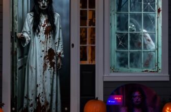 Halloween Türdeko Set 2-teilig mit Türvorhang Fensterdeko LED-Blitzlicht