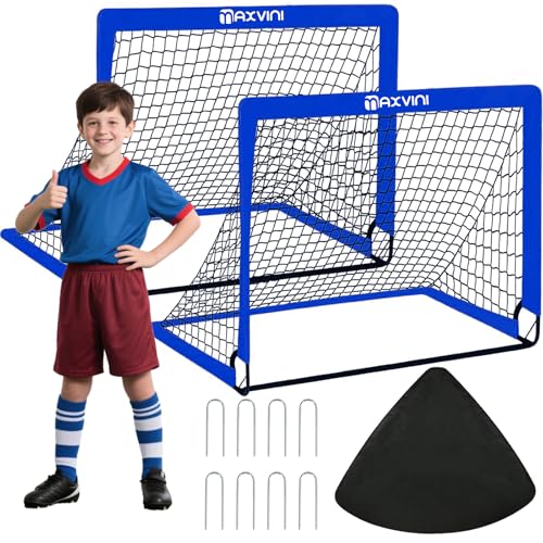 MAXVINI Fussballtore für Garten Kinder 90x74x74cm Fußballtor mit Glasfaserstangen Indoor/Outdoor Tornetzen Faltbares Pop-Up Set inkl.6 Hütchen Tragetasche 8 Bodenhaken